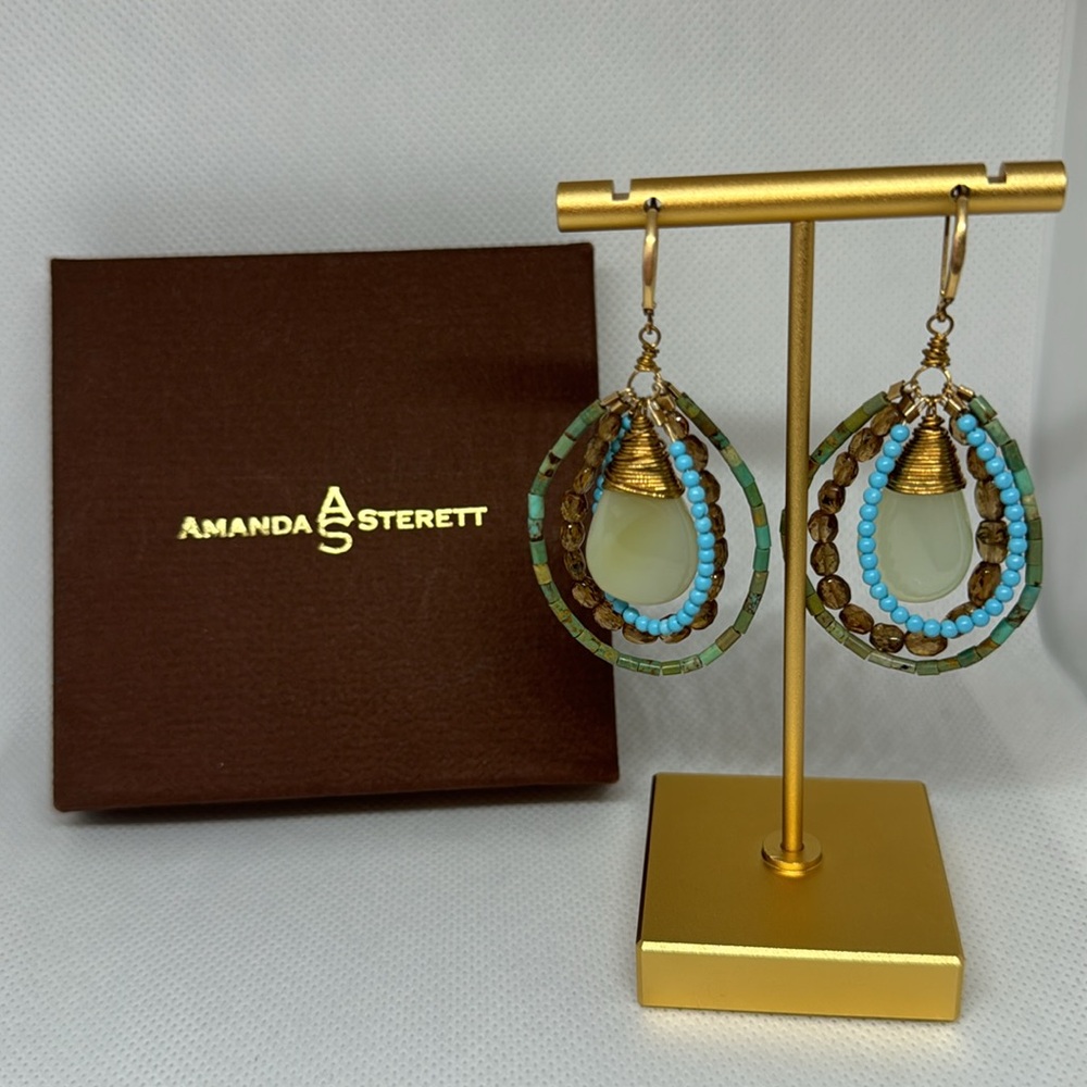 Amanda Sterett gold tone earring with brown/green and turquoise stones